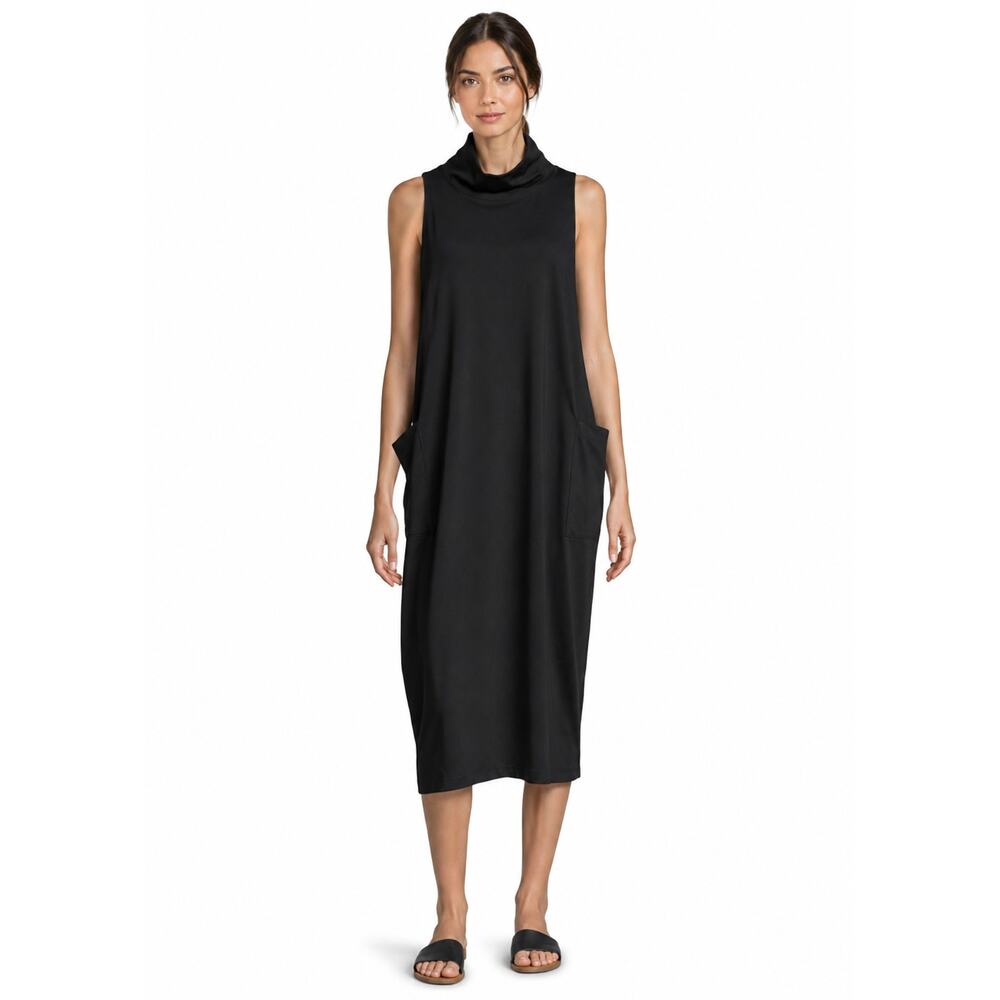 Eileen Fisher Funnel Neck Midi Cocoon Dress XS Black Sleeveless Pocket Lagenlook - Picture 2 of 9